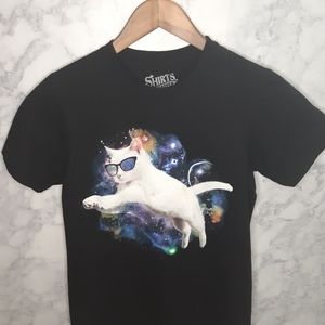 Shirts Happen Graphic T-Shirt Women Size S Black Call ol Space Cat Short Sleeve